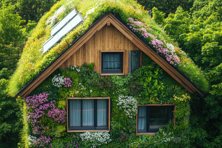 Green building promoting sustainability with a living wall and roof, integrating nature and renewable energyの素材