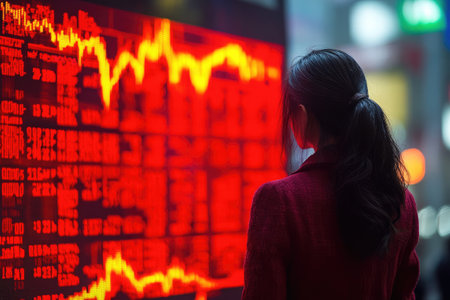 Businesswoman is looking at a big red stock market ticker showing a financial crash in a city at nightの素材