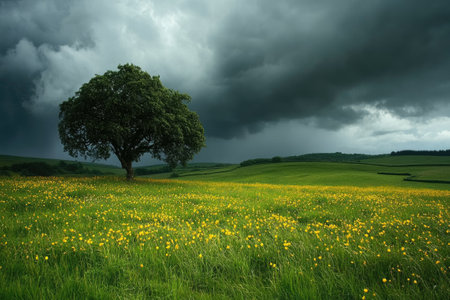 Green grass field with yellow flowers and lonely tree under dark stormy cloudsの素材