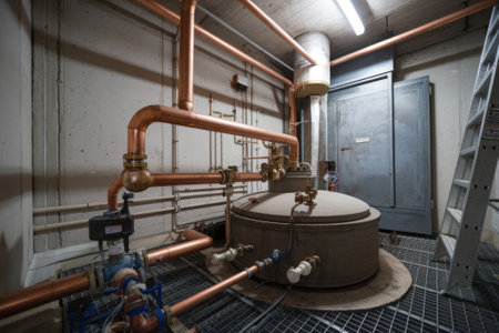 Complex copper pipeline system distributing hot water in industrial boiler room with large metal tankの素材