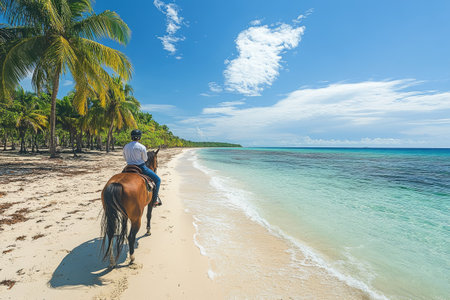 Tourist enjoying horseback riding along idyllic white sand beach with turquoise water and palm trees in Dominican Republicの素材