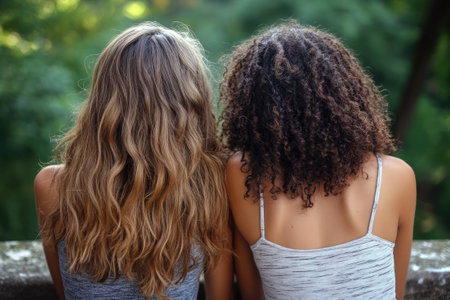 Two girls with long wavy and curly hair are enjoying the view from behindの素材
