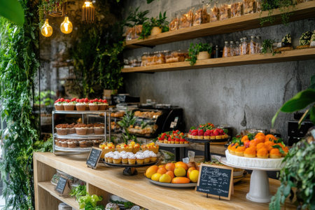 Various pastries, muffins and fresh fruits displayed on a wooden counter in a cozy cafe or bakery with green plantsの素材