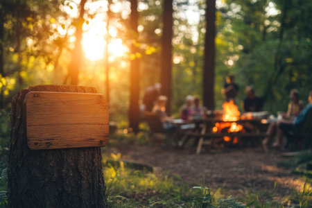 Empty wooden sign stands on tree stump with family enjoying campfire in background at sunsetの素材