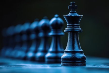 Chess pieces on a chessboard with the queen in focus, representing strategy, leadership, and the power of decision-makingの素材
