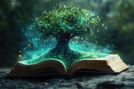 Glowing tree growing from open book with magical green light and butterfliesの素材