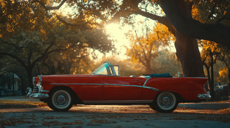Gleaming red vintage convertible parked beneath trees, basking in the golden light of a beautiful sunsetの素材