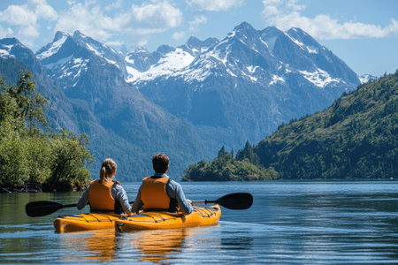 Two people kayaking on a beautiful lake with a stunning view of snowy mountains in the backgroundの素材