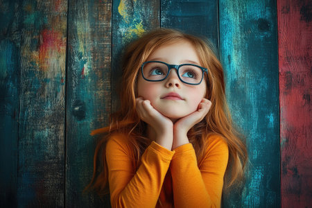 Redhead child with eyeglasses is lying down on a wooden floor, chin cupped in hands, looking up and thinkingの素材