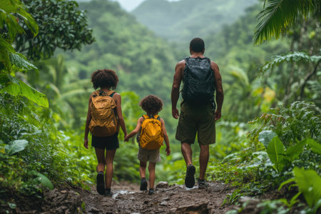Family with backpacks enjoying trekking adventure, walking through lush tropical rainforestの素材