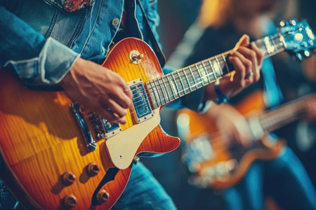 Musician playing electric guitar during live performance on a stageの素材