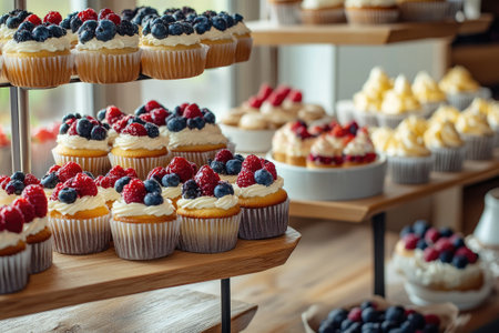 Cupcakes with whipped cream and fresh berries are beautifully arranged on wooden stands, creating an enticing displayの素材