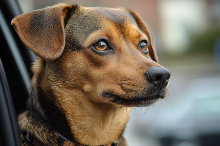Brown dog looking out of car window enjoying a road tripの素材