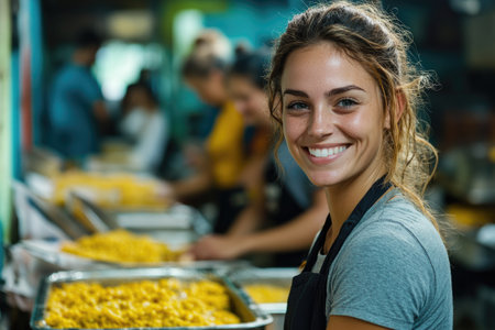 Young woman volunteer smiling while preparing food trays for charity in a food bankの素材