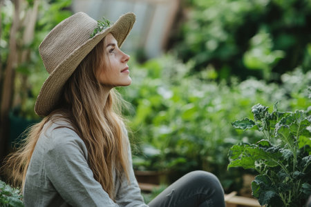 Female farmer admiring the growth of her plants in a greenhouse, embodying sustainable agriculture and local food productionの素材