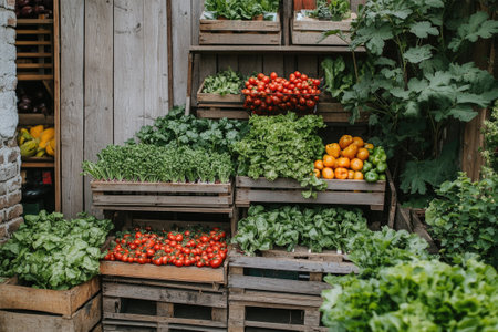 Colorful tomatoes, lettuce, and other vegetables are displayed on wooden crates, creating a vibrant and inviting scene at a local farmers marketの素材