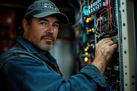 Electrician maintains an industrial control panel, ensuring smooth operation of complex systemsの素材