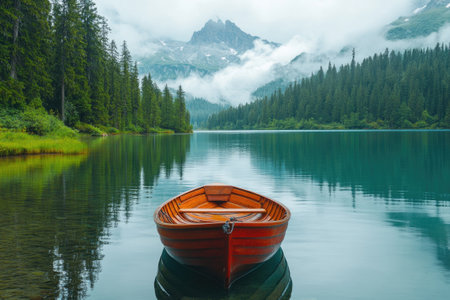 Orange wooden rowboat rests on the pebbled shore of a tranquil alpine lake, surrounded by mist-shrouded mountains and lush forestsの素材