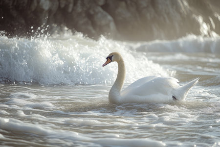 Majestic white swan gracefully navigating the foamy sea waves near a rocky coast, creating a serene and picturesque sceneの素材