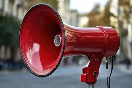 Red megaphone announcing important information in urban environmentの素材