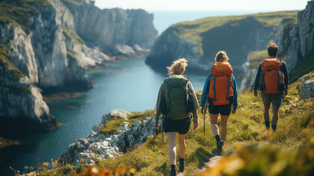 Three hikers are enjoying a scenic hike along a coastal path, carrying backpacks and trekking polesの素材