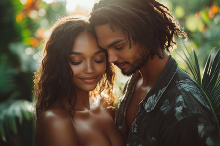 Romantic couple enjoying a tender moment together in a lush tropical garden, bathed in the warm glow of the setting sunの素材