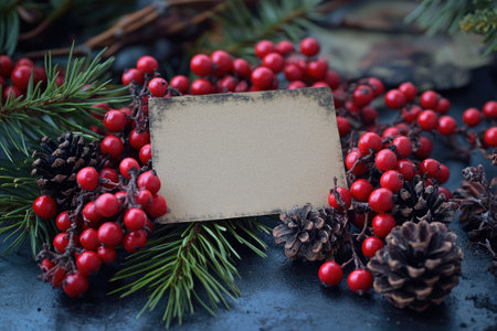 Christmas still life showing an old blank paper surrounded by red berries, pine cones and fir branches on a dark backgroundの素材