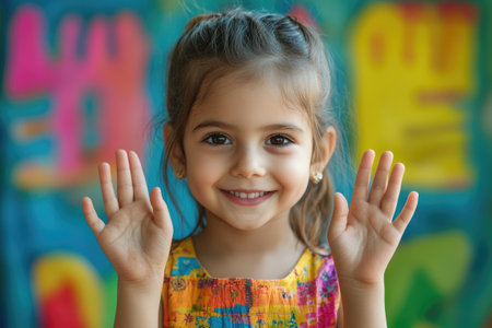 Portrait of a smiling preschool girl showing her hands on a colorful backgroundの素材