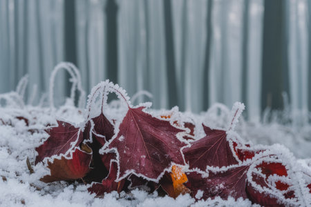 Red autumn leaves covered with frost lying on snowy groundの素材