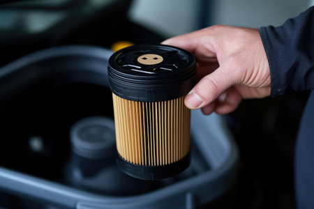 Mechanic holding a new car air filter during a vehicle inspection in a repair shopの素材
