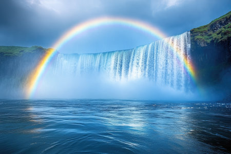 Stunning rainbow forming a perfect arc over a powerful waterfall cascading into a tranquil blue lakeの素材