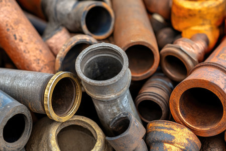 Rusty metal pipes are piled up, representing industrial waste and the need for recyclingの素材