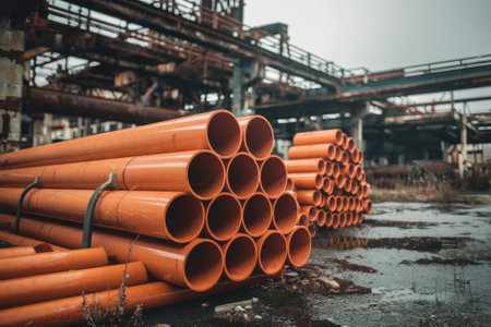 Orange plastic pipes stacked and stored in an abandoned industrial site showing decay and degradationの素材