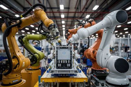 Robotic arms assembling electronic devices in automated production lineの素材