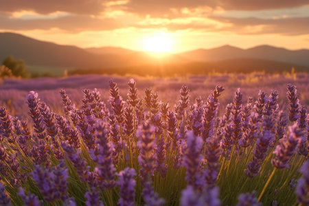 Scenic view of a blooming lavender field bathed in the golden light of sunset in Provenceの素材
