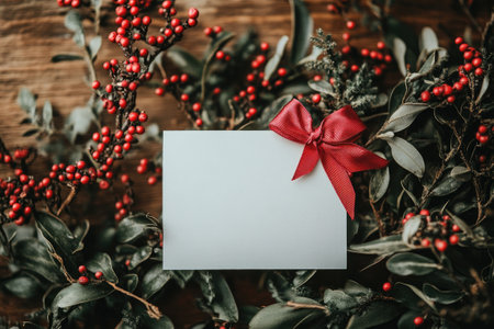 Blank Christmas card with red bow surrounded by Christmas decorations on a wooden table, perfect for holiday greetingsの素材