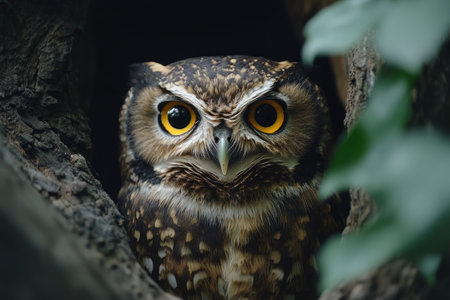 Close-up of an owl peering from its tree hollow nest, its bright yellow eyes captivating and intenseの素材