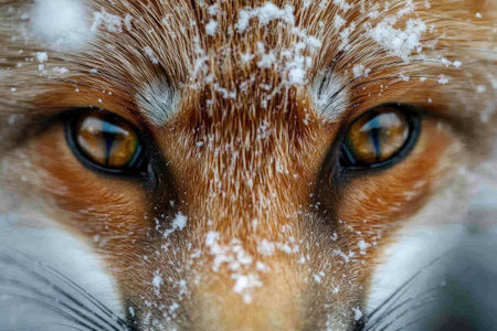 Close-up of a red fox with snowflakes on its fur, creating a captivating winter sceneの素材