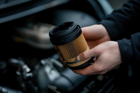 Mechanic holding a new car air filter during a vehicle inspection in a repair shopの素材