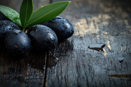 Fresh black olives on a wooden table, creating a rustic and inviting sceneの素材
