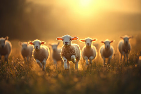 Lambs running in a field at sunset creating a beautiful idyllic sceneの素材