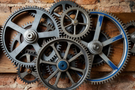 Metal cogwheels are interlocked and turning, showcasing industrial mechanics against a brick wall backgroundの素材