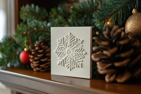 White christmas card with embossed snowflake stands on mantelpiece decorated with pine garland, ornaments, and pine conesの素材