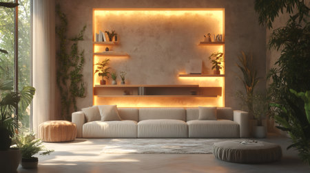 Warmly lit modern living room showcasing an illuminated recessed shelving design, accented by lush greenery and promoting a tranquil atmosphereの素材