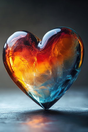 Swirling hues of red, orange, and blue create a vibrant glass heart, symbolizing love, passion, and connectionの素材