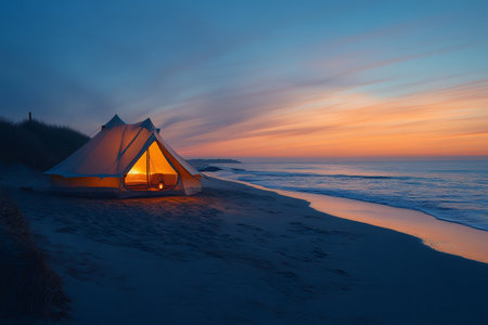 Cozy camping tent glowing on the beach during a vibrant sunset, offering a tranquil escapeの素材