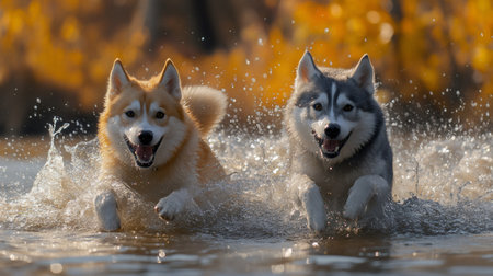 Two happy Siberian huskies running in water and splashing on a beautiful autumn dayの素材