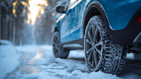 Winter road trip with car driving on snowy forest road at sunsetの素材