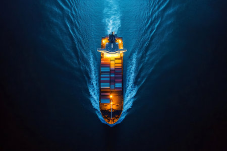 Aerial view of cargo ship carrying container for import export goods sailing across dark blue ocean at nightの素材