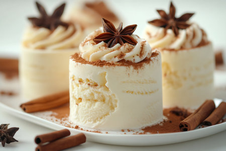 Creamy ice cream desserts topped with whipped cream, cinnamon powder, and star anise create a tempting treatの素材